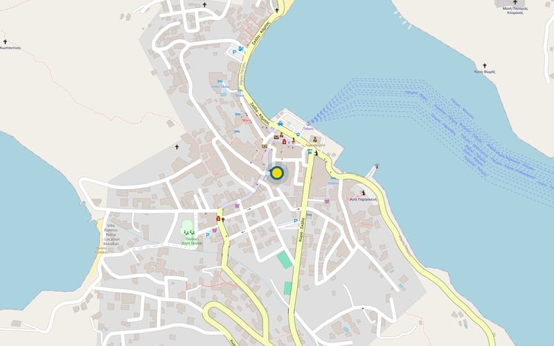 Map of Skala, Patmos, with a marker on the studio near the harbour. Opens Google Maps.